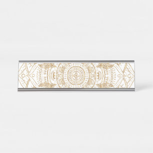 Porte-nom Pour Bureau Elégant Mandala Blanc & Or Dessiné À La Main