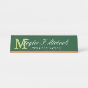 Porte-nom Pour Bureau Élégant Monogramme et Nom Vert Citron sur Fond Ver