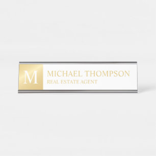 Porte-nom Pour Bureau Élégant professionnel blanc et or