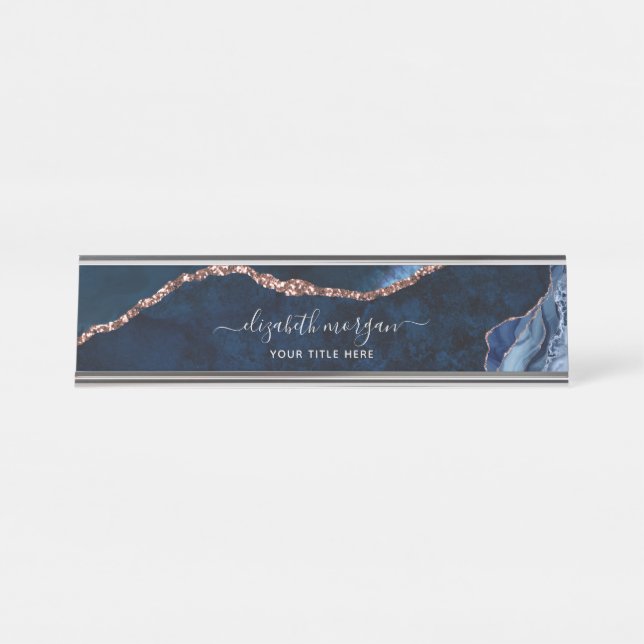 Porte-nom Pour Bureau Elégant professionnel Marine Blue Rose Gold Agate (Devant)