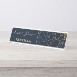 Porte-nom Pour Bureau Élégant Rose d'or bleu floral