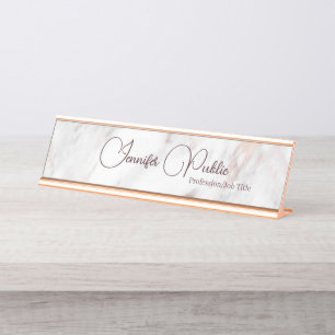 Porte-nom Pour Bureau Élégant Rose moderne en marbre doré Script manuscr