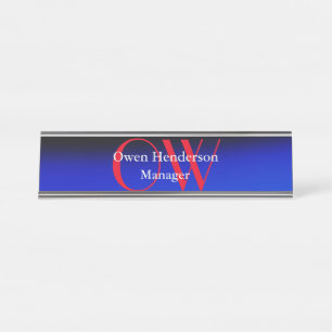 Porte-nom Pour Bureau Élégant Unique Bleu Rouge Gras Texte Monogramme