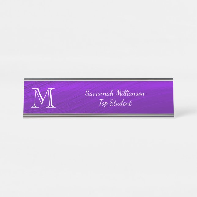 Porte-nom Pour Bureau Élégant violet Faux métal Monogramme étudiant (Devant)