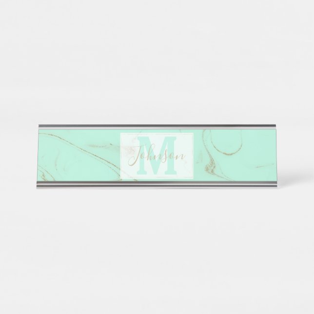 Porte-nom Pour Bureau Élégante image or et marbre menthe (Devant)