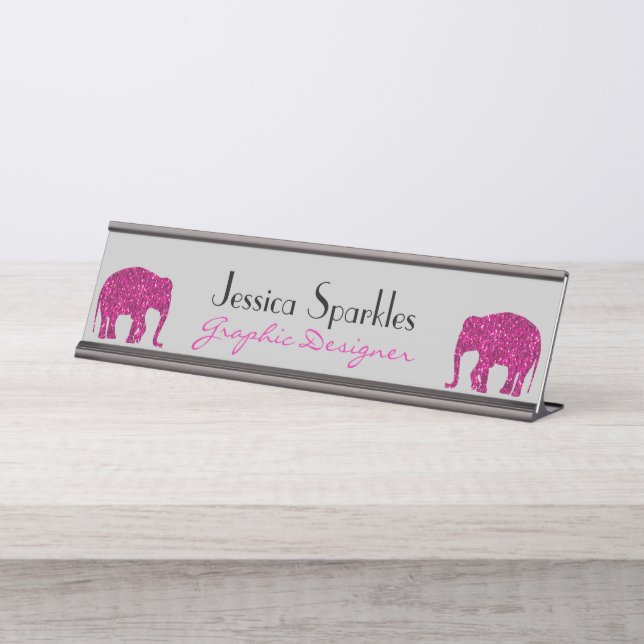 Porte-nom Pour Bureau Éléphant rose scintillant personnalisé nom Occupat (Devant)
