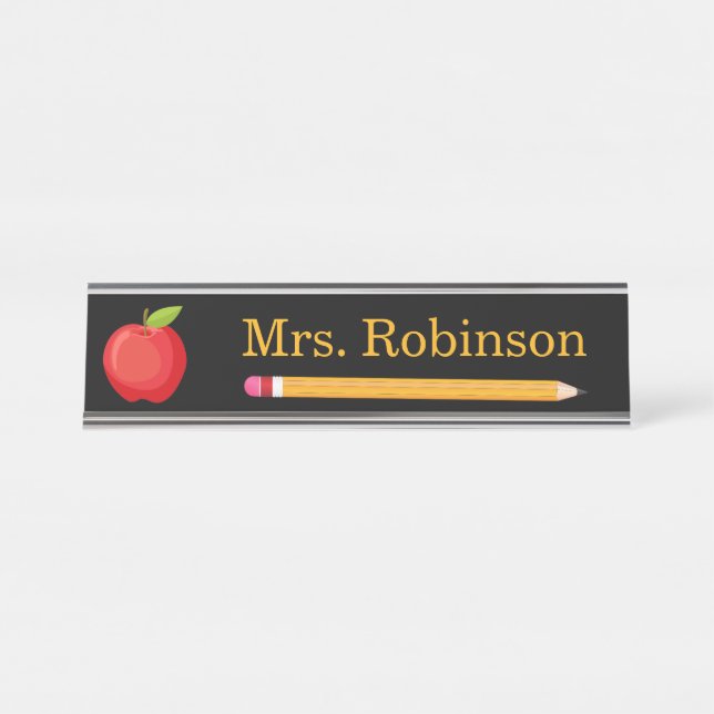 Porte-nom Pour Bureau Enseignant Apple et crayon Noir moderne (Devant)