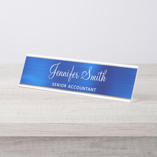 Porte-nom Pour Bureau Faux Royal Blue Metallic Foil (Devant)