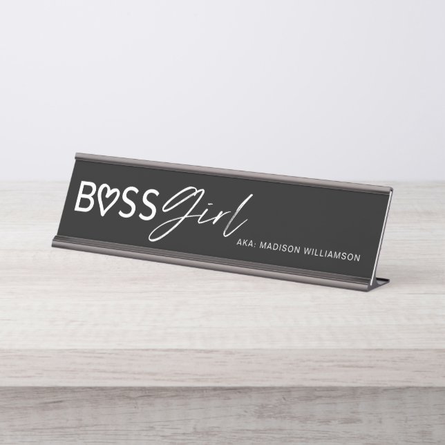 Porte-nom Pour Bureau Fille Boss moderne Stylisée Noir & Blanc (Devant)