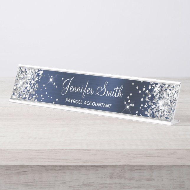 Porte-nom Pour Bureau Fille Glittery Argent Faux Marine Blue Foil (Devant)