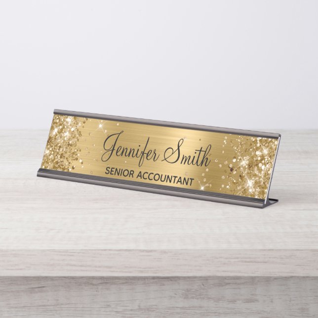 Porte-nom Pour Bureau Fille Glittery Faux Gold Foil (Devant)
