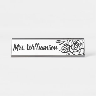 Porte-nom Pour Bureau Fleur chic blanche de noir de monogramme de