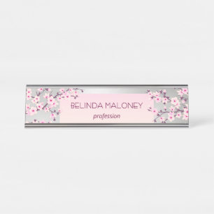 Porte-nom Pour Bureau Fleur de cerisier rose argenté