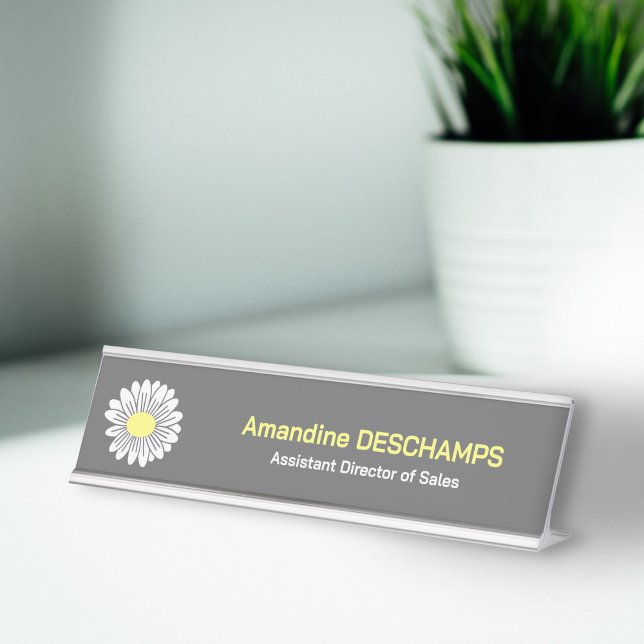 Porte-nom Pour Bureau Fleur de marguerite botanique gris (Botanical Daisy Flower Gray Desk Name Plate)