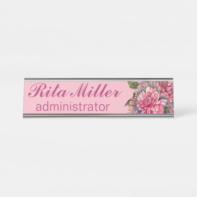 Porte-nom Pour Bureau Fleurs Dahlia roses (Devant)