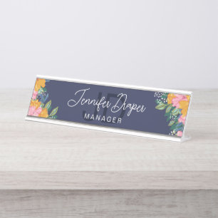 Porte-nom Pour Bureau Fleurs roses jaunes luxuriantes Nom & Initiales