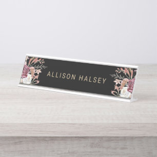 Porte-nom Pour Bureau Floral Boho rustique sur noir avec nom