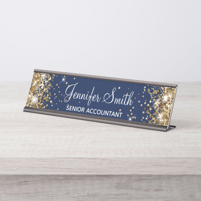 Porte-nom Pour Bureau Girl Faux Gold Parties scintillant Midnight Blue (Devant)