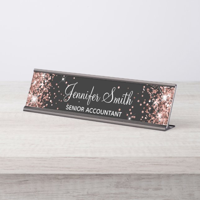 Porte-nom Pour Bureau Girl Faux Rose Gold Parties scintillant Noir (Devant)