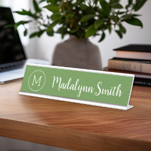 Porte-nom Pour Bureau Girl Monogram Kelly Green et Calligraphy Nom
