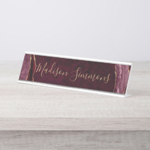 Porte-nom Pour Bureau Glam Burgundy Rouge Or Agate Géode Feminine Script