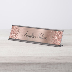 Porte-nom Pour Bureau Glittery Faux Rose Gold Foil Nom