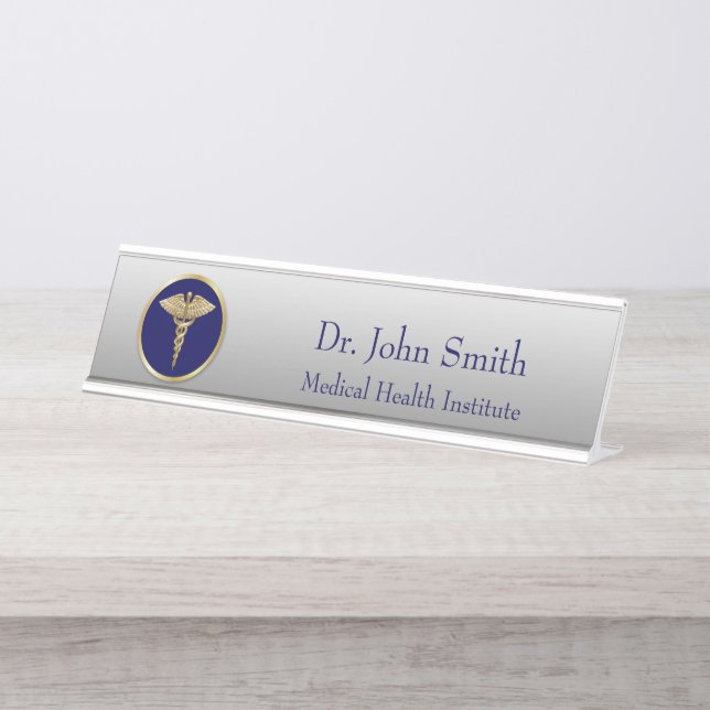 Porte-nom Pour Bureau Gold Médicale Caduceus Blue Professional (Devant)