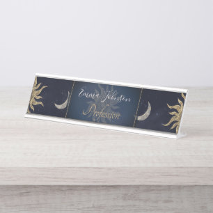 Porte-nom Pour Bureau Gold Moon Sun Mandala Blue Night Sky Motif
