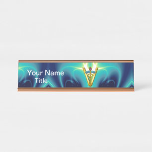 Porte-nom Pour Bureau GOLDEN CADUCEUS VETERINARY SYMBOL Blue Turquoise