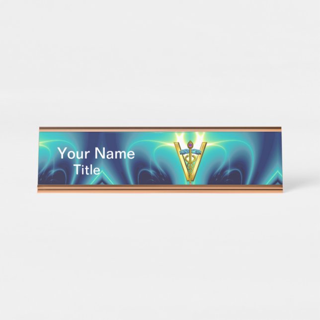 Porte-nom Pour Bureau GOLDEN CADUCEUS VETERINARY SYMBOL Blue Turquoise (Devant)