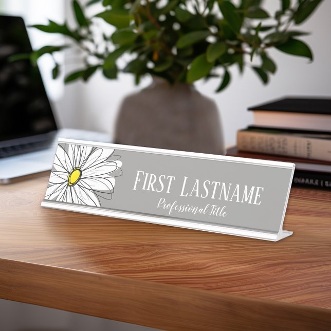 Porte-nom Pour Bureau Gris et Jaune Whimsical Daisy Texte personnalisé (Personalized Desk Sign with Name and Title - Custom Executive Name Plate)