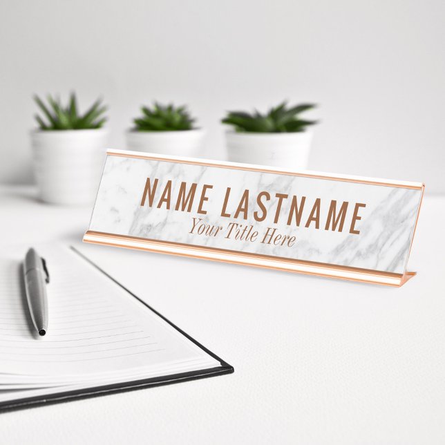 Porte-nom Pour Bureau Gris Marbre blanc Polices Brown en cuivre (Créateur téléchargé)