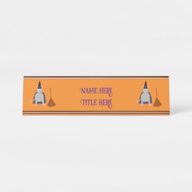 Porte-nom Pour Bureau Halloween Rat sorcier et Broom Custom (Devant)