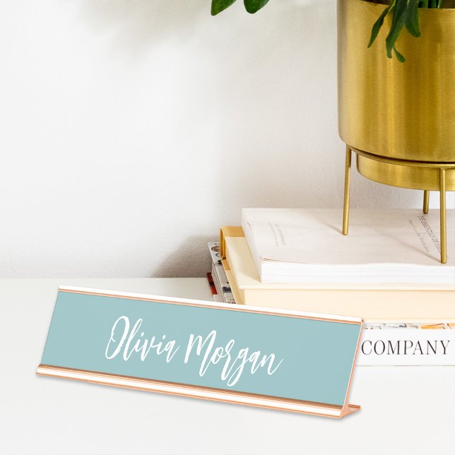 Porte-nom Pour Bureau Hazy Aqua Sketched Cursive Script (Créateur téléchargé)