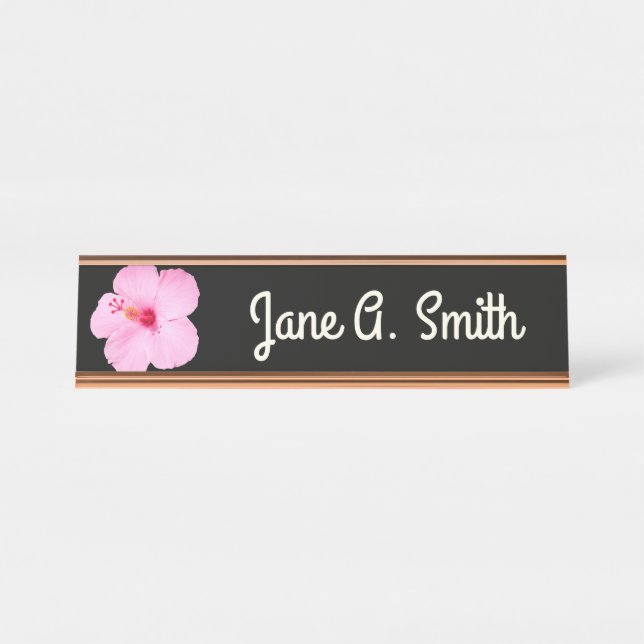 Porte-nom Pour Bureau Hibiscus rose Fleur tropicale (Devant)