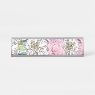 Porte-nom Pour Bureau Illustration florale rose et blanche de mignonne f