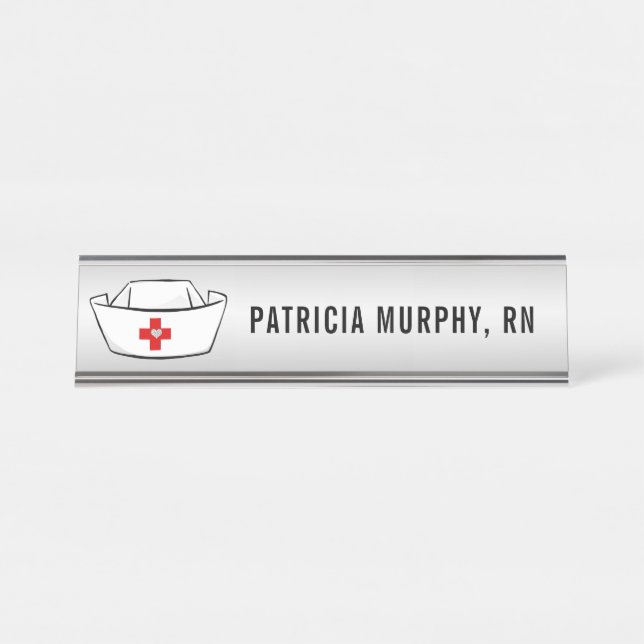 Porte-nom Pour Bureau Infirmière Casquette RN Nom du monogramme Argent (Devant)
