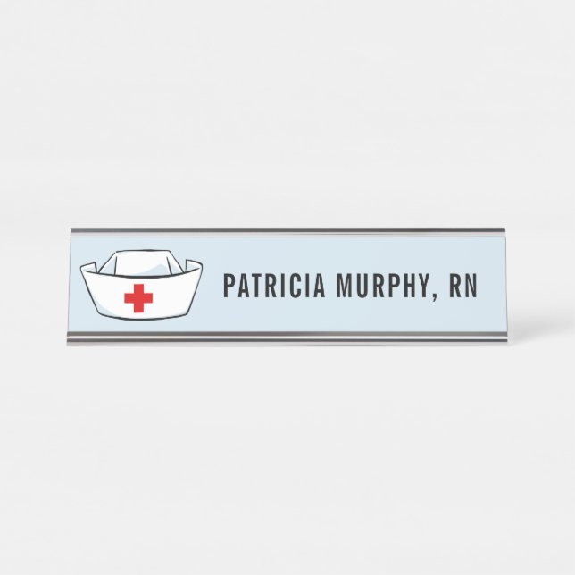 Porte-nom Pour Bureau Infirmière Casquette RN Nom personnalisé Bleu (Devant)