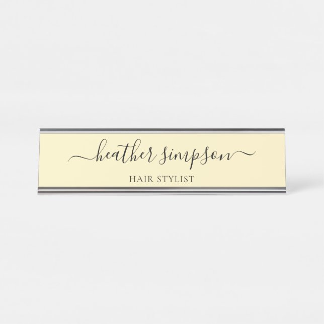 Porte-nom Pour Bureau Jaune en pastel manuscrit moderne simple (Devant)