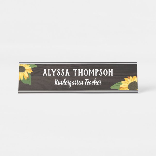 Porte-nom Pour Bureau Jolie tournesol & Rustic Wood Nom enseignant (Devant)