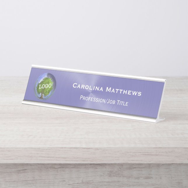 Porte-nom Pour Bureau Logo d'entreprise violet modifiable (Devant)