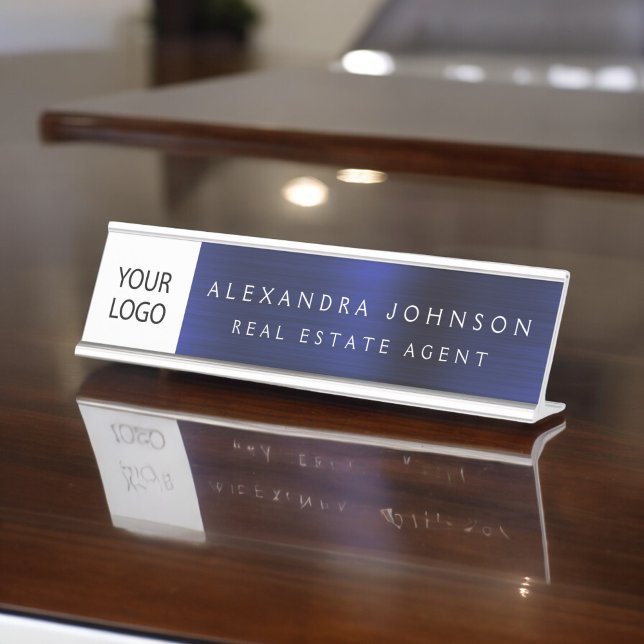 Porte-nom Pour Bureau Logo Personnalisé Executive Navy Blue Professional (Créateur téléchargé)
