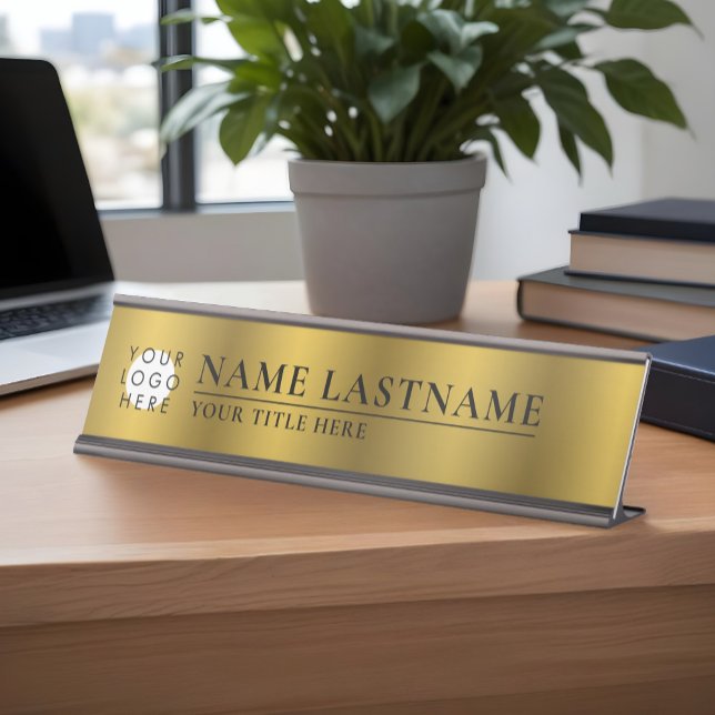 Porte-nom Pour Bureau Logo personnalisé Faux Gold Classy Élégant (Créateur téléchargé)