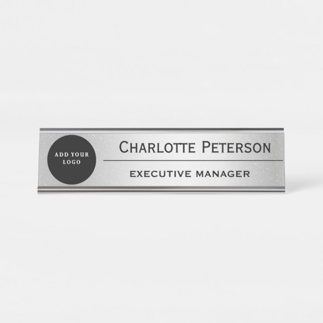 Porte-nom Pour Bureau Logo Personnalisé Luxe Silver Metal Executive (Devant)