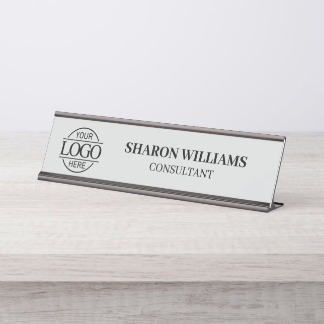 Porte-nom Pour Bureau Logo personnalisé | Professionnel Élégant gris cla (Devant)