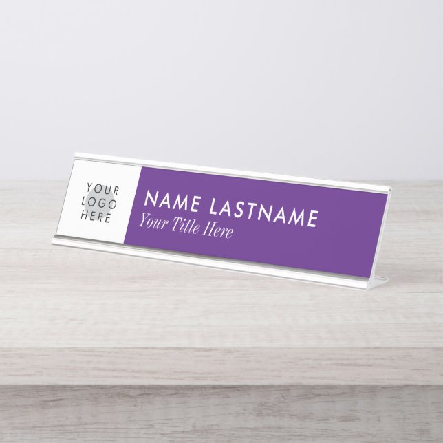 Porte-nom Pour Bureau Logo personnalisé Simple Royal violet blanc minima (Devant)