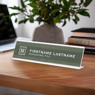 Porte-nom Pour Bureau Manly Linen Look avec nom Titre Monogramme Vert