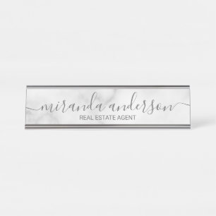 Porte-nom Pour Bureau Marbre blanc de script moderne professionnel