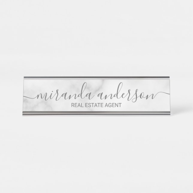 Porte-nom Pour Bureau Marbre blanc de script moderne professionnel (Devant)