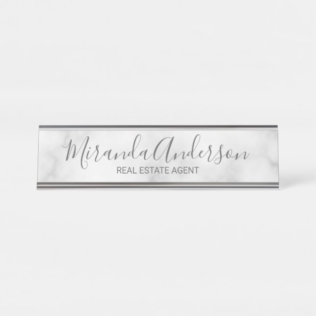 Porte-nom Pour Bureau Marbre blanc de script moderne professionnel (Devant)